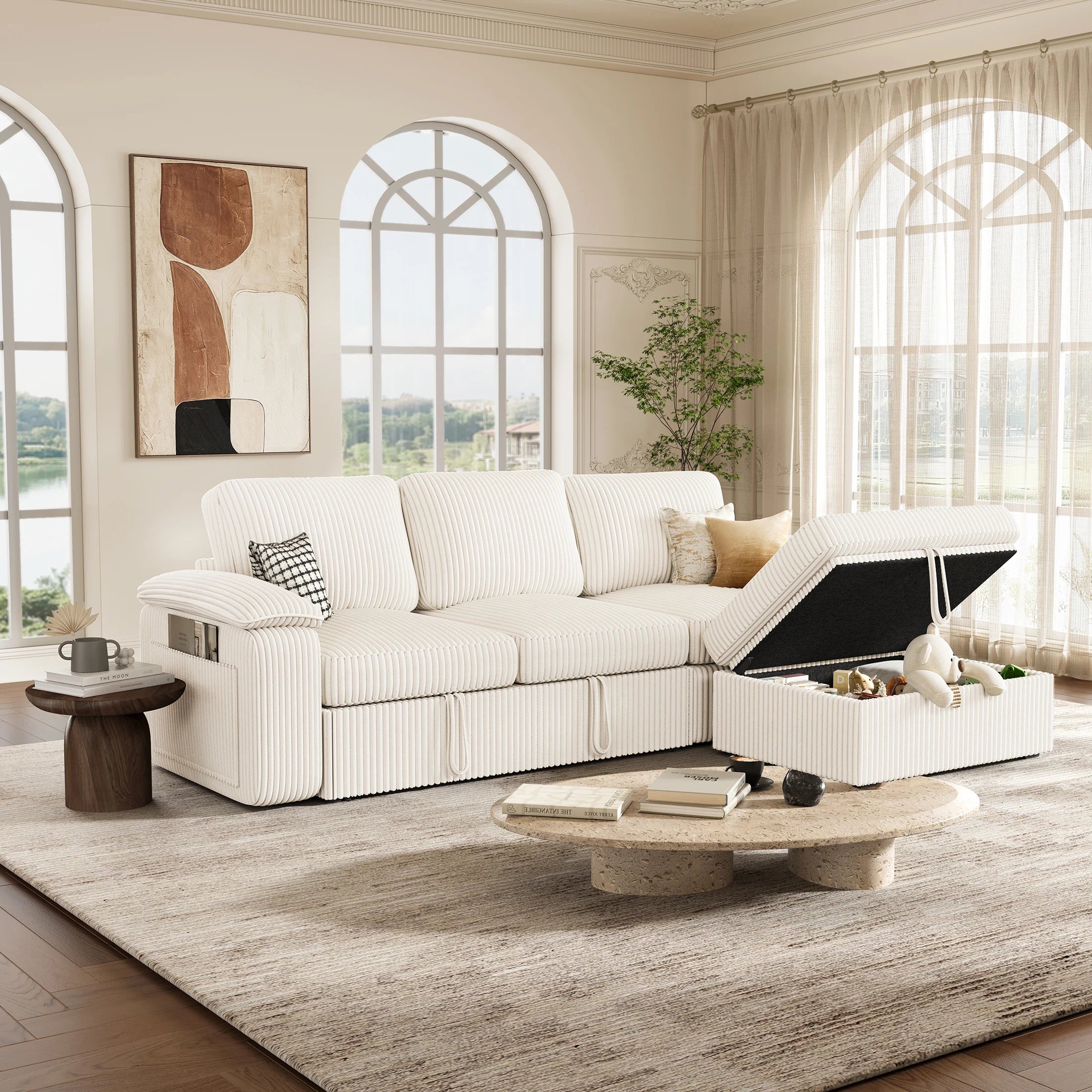 Nola Modular Corduroy Sleeper Sectional Sofa | 3 Seater |  L Shape Corner