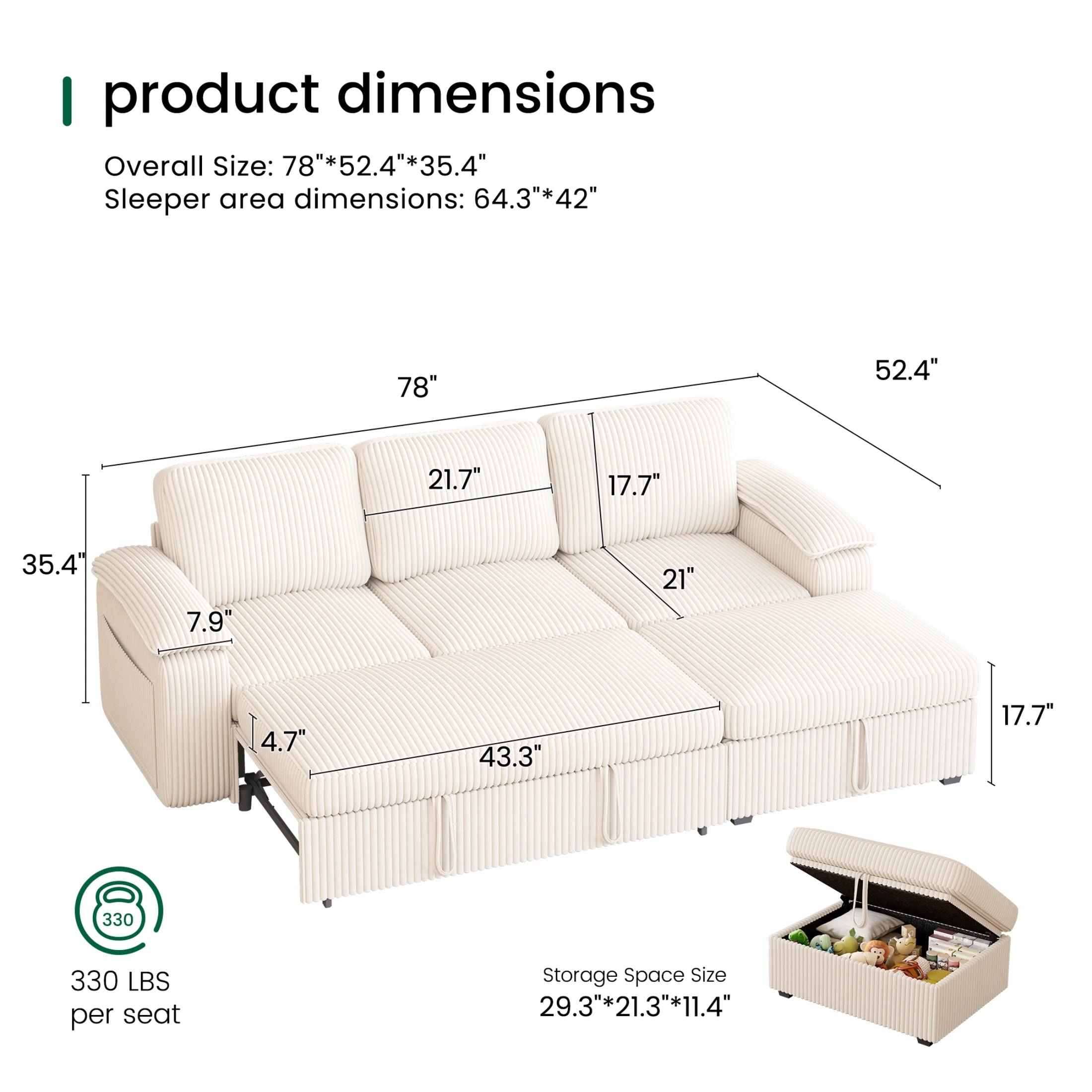 Nola Modular Corduroy Sleeper Sectional Sofa | 3 Seater |  L Shape Corner