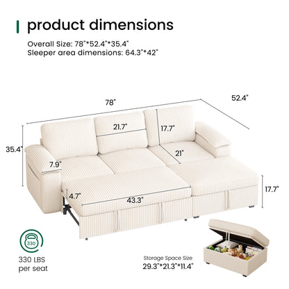 Nola Modular Corduroy Sleeper Sectional Sofa | 3 Seater |  L Shape Corner
