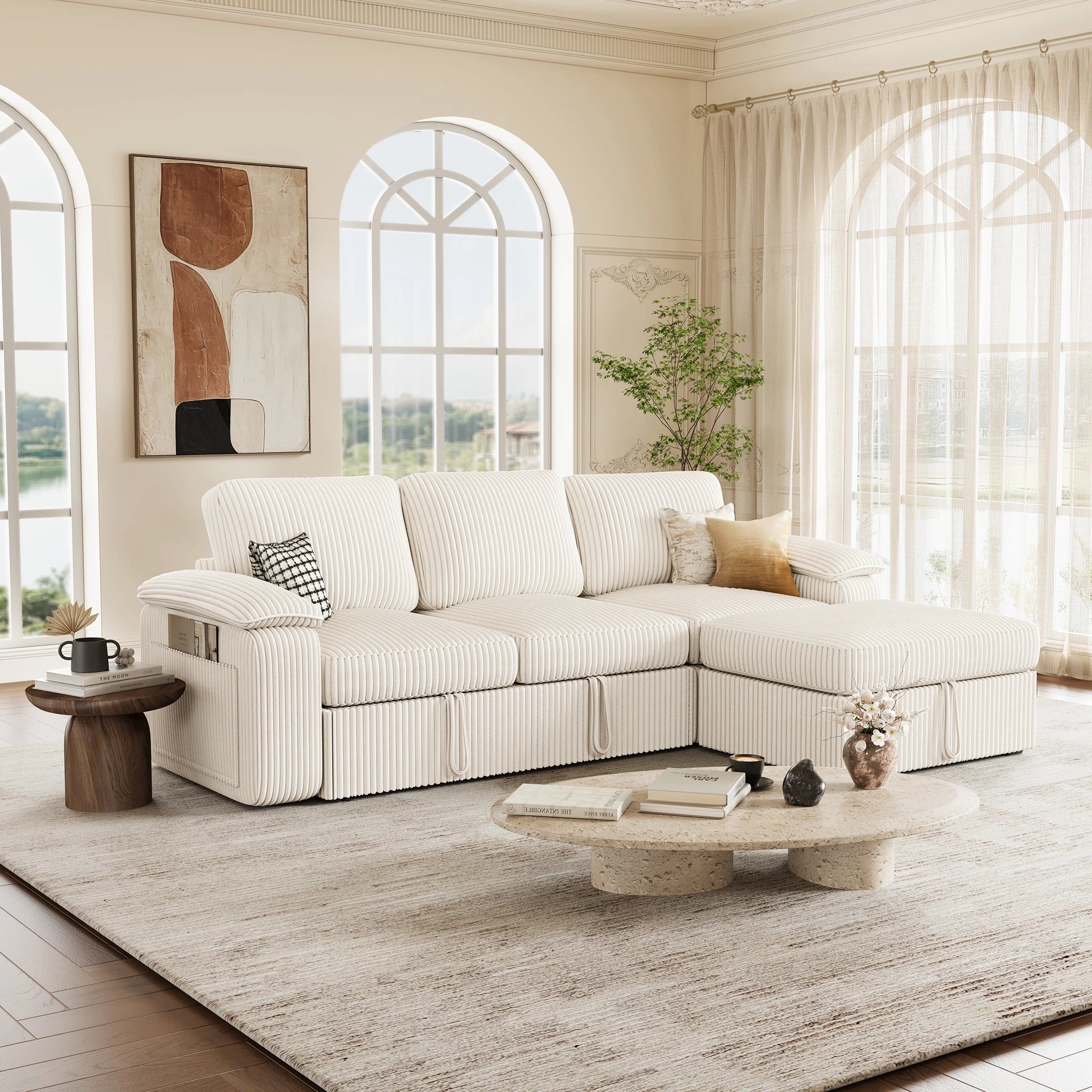 Nola Modular Corduroy Sleeper Sectional Sofa | 3 Seater |  L Shape Corner
