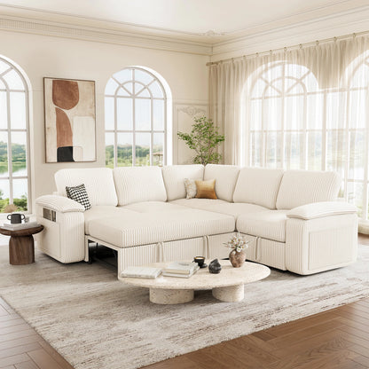 Nola Modular Corduroy Sleeper Sectional Sofa | 5 Seater |  L Shape Corner