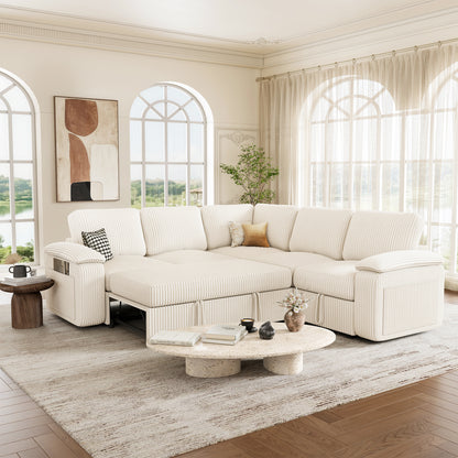 Nola Modular Corduroy Sleeper Sectional Sofa | 5 Seater |  L Shape Corner