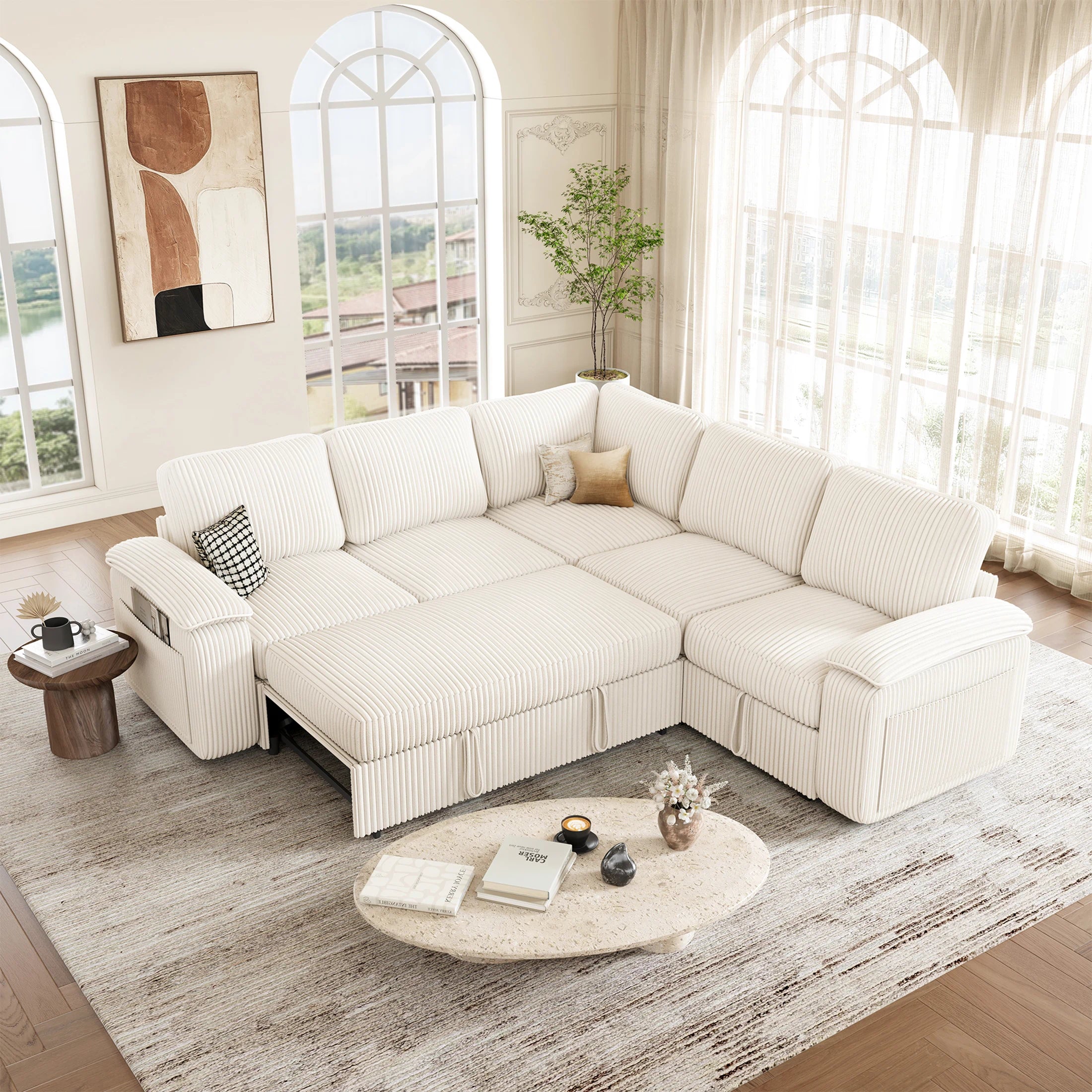 Nola Modular Corduroy Sleeper Sectional Sofa | 5 Seater |  L Shape Corner