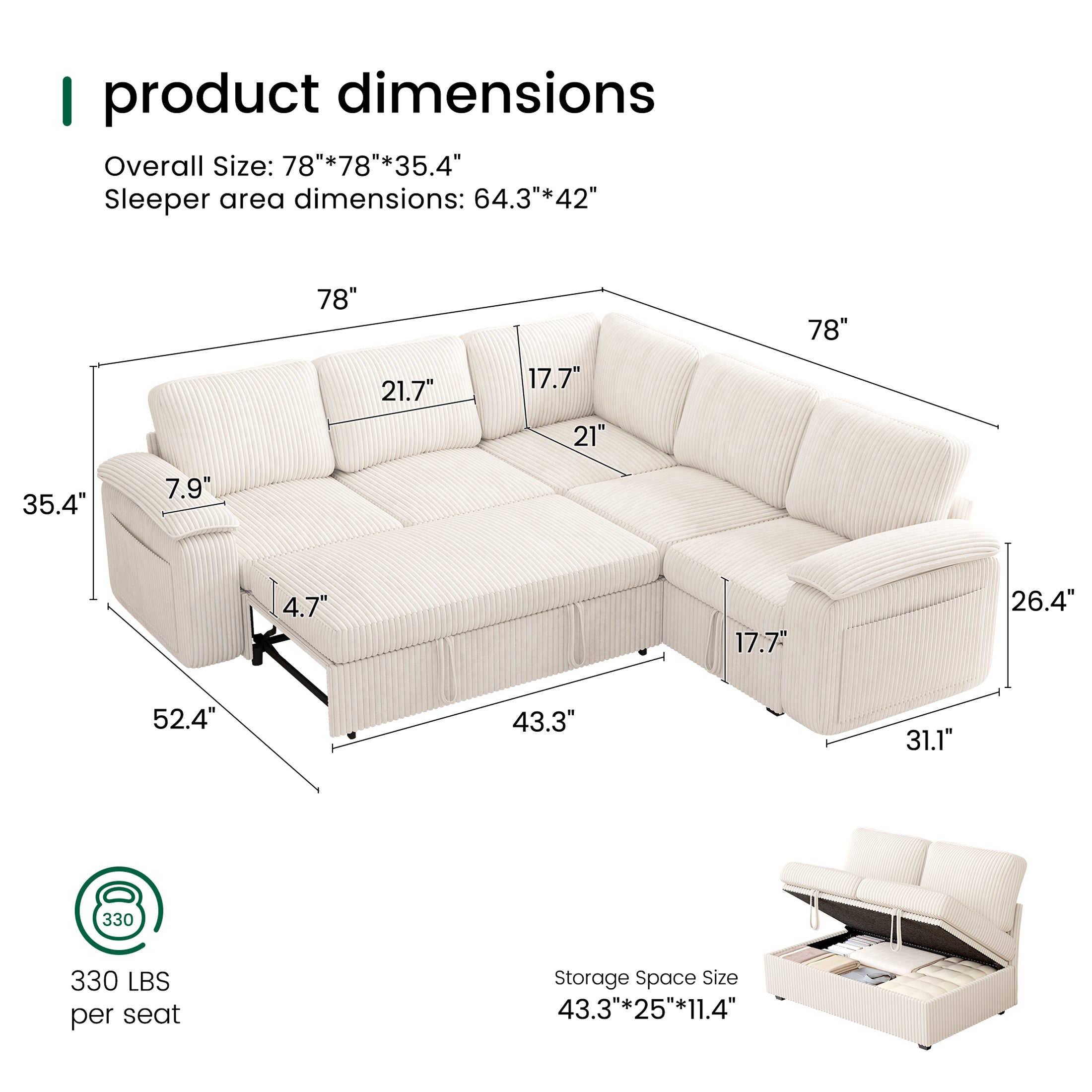 Nola Modular Corduroy Sleeper Sectional Sofa | 5 Seater |  L Shape Corner