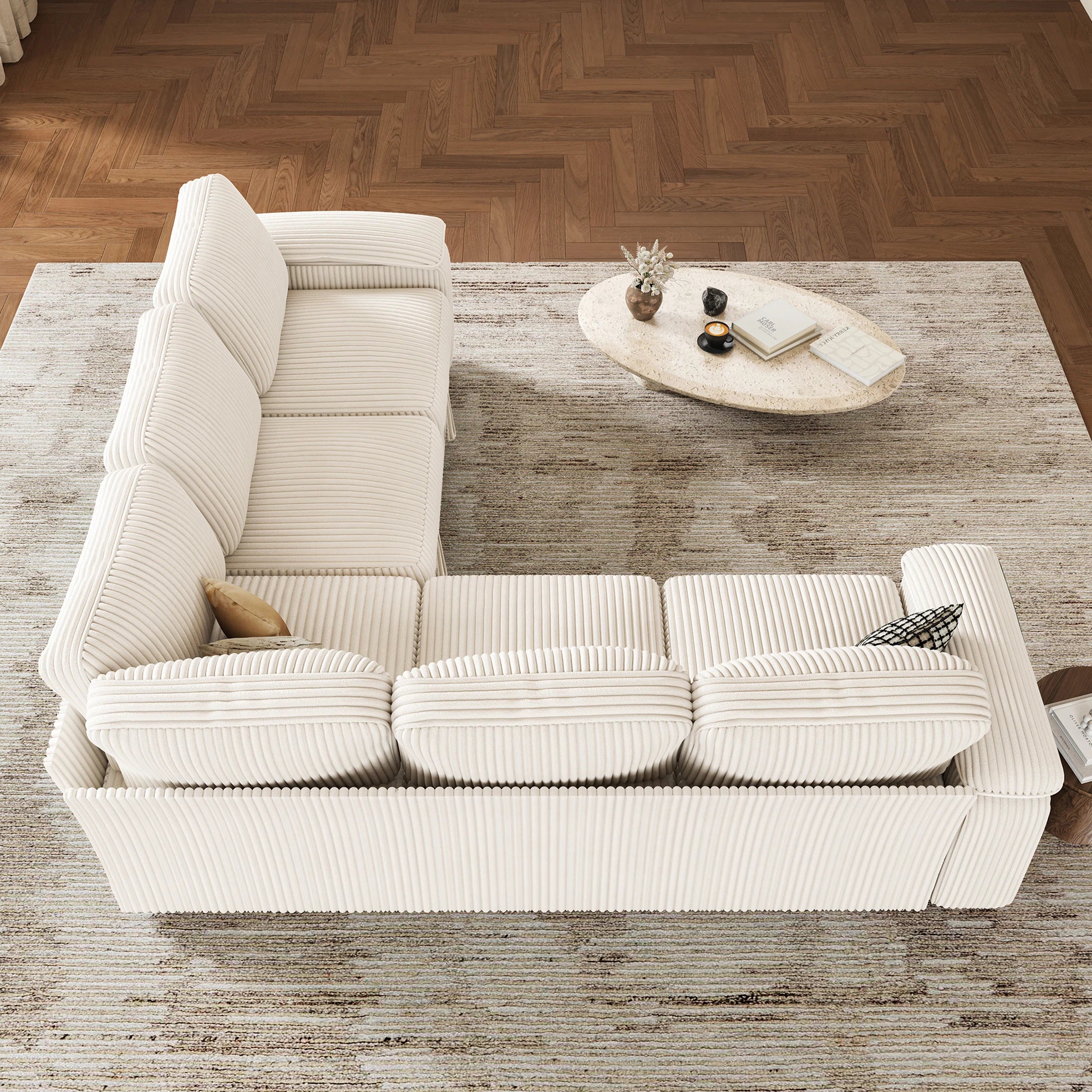 Nola Modular Corduroy Sleeper Sectional Sofa | 5 Seater |  L Shape Corner