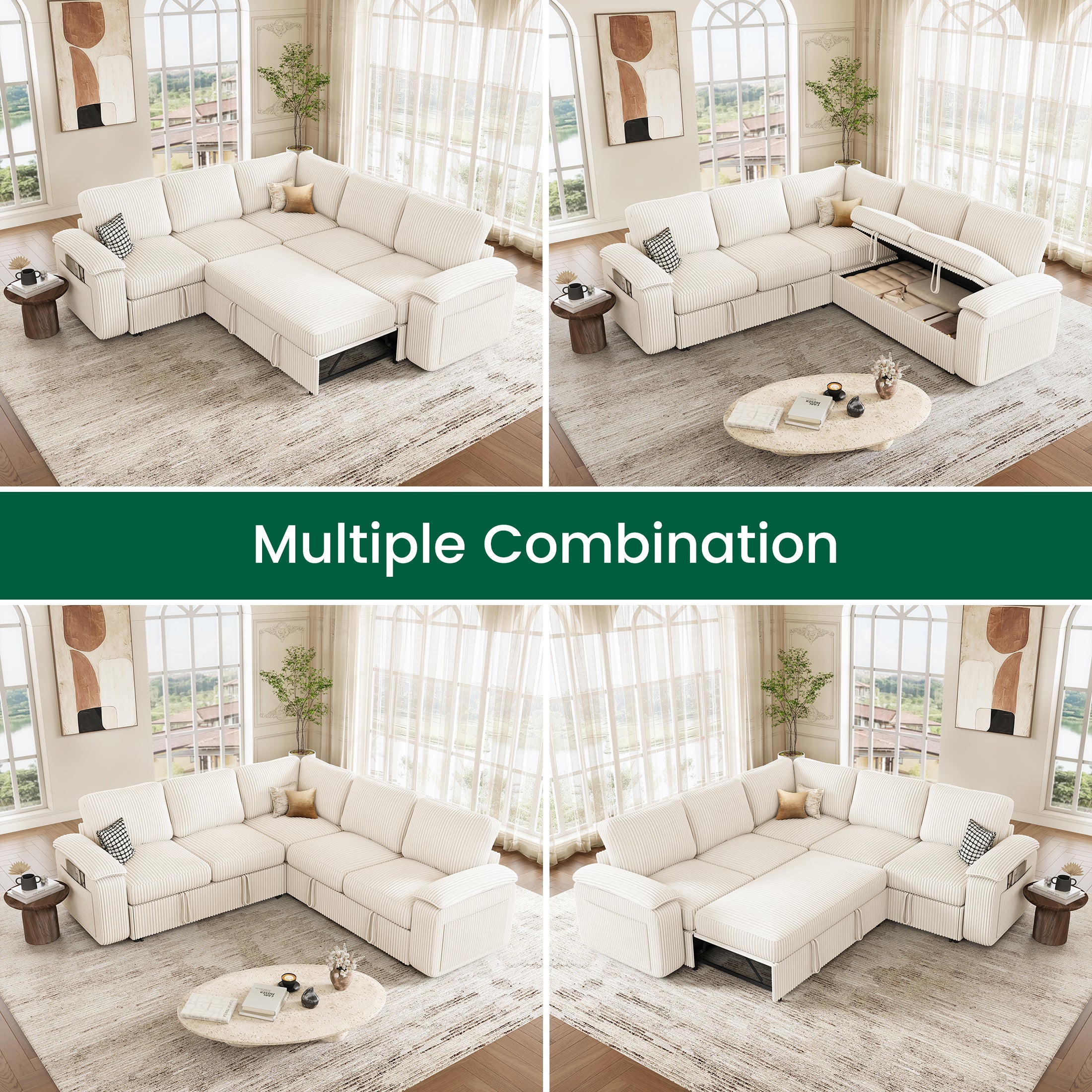 Nola Modular Corduroy Sleeper Sectional Sofa | 5 Seater |  L Shape Corner