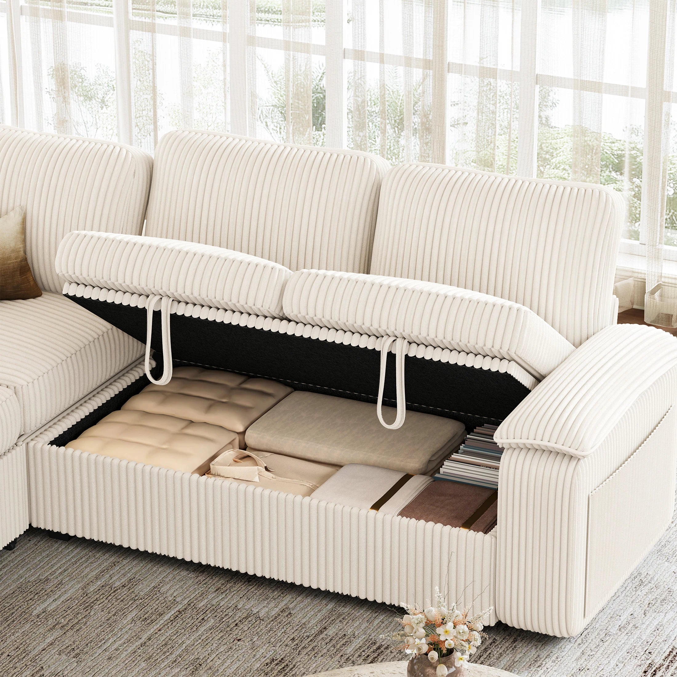 Nola Modular Corduroy Sleeper Sectional Sofa | 5 Seater |  L Shape Corner