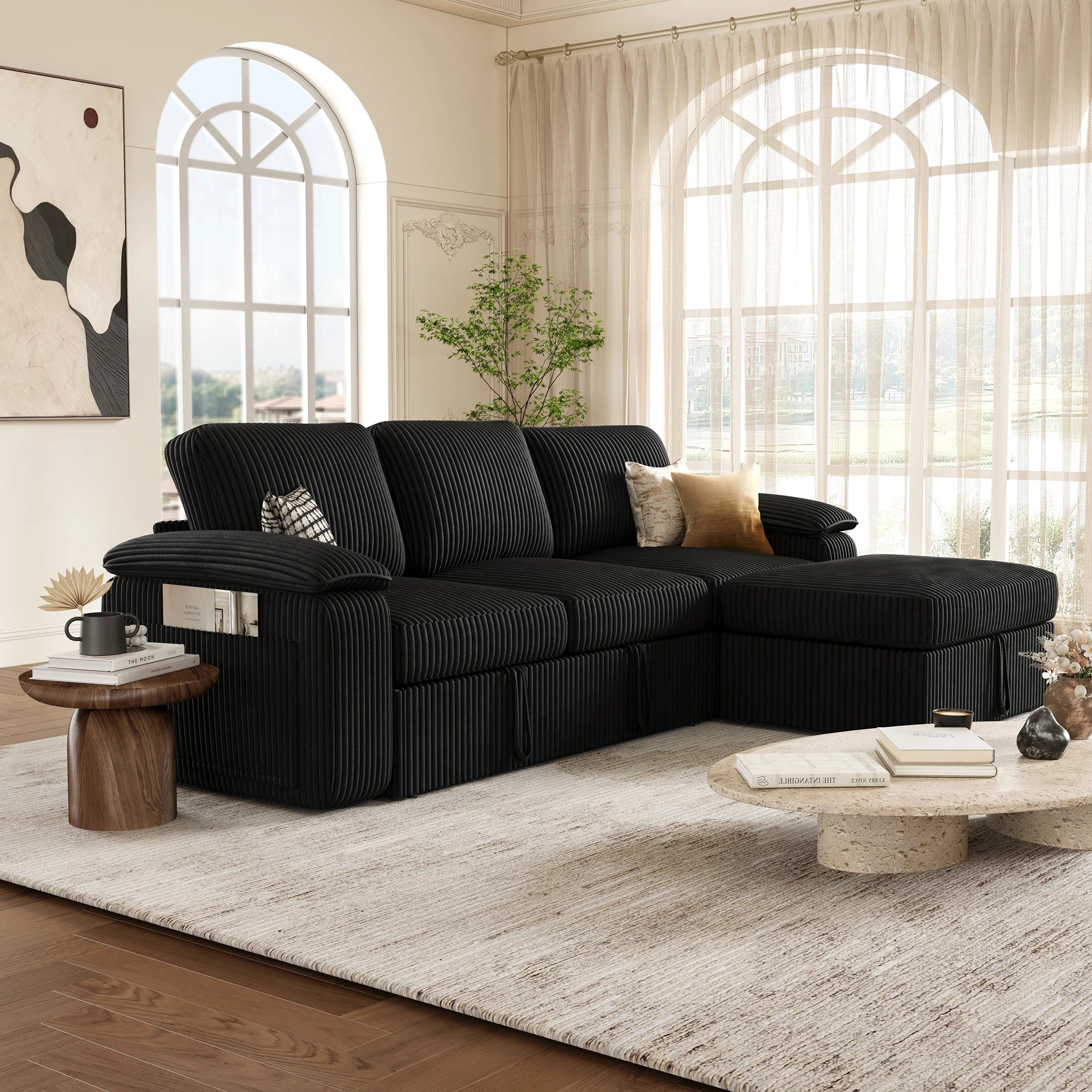Nola Modular Corduroy Sleeper Sectional Sofa | 3 Seater |  L Shape Corner