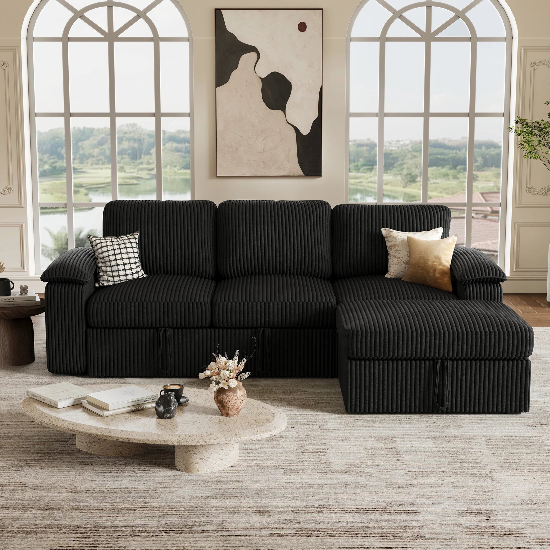 Nola Modular Corduroy Sleeper Sectional Sofa | 3 Seater |  L Shape Corner
