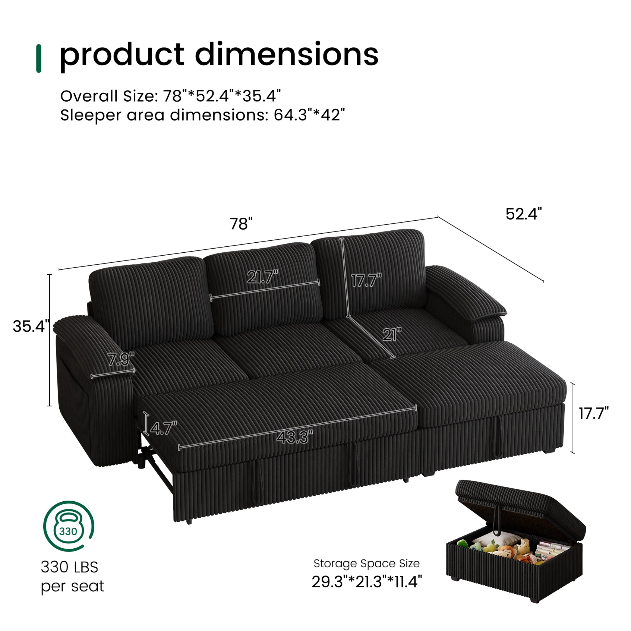 Nola Modular Corduroy Sleeper Sectional Sofa | 3 Seater |  L Shape Corner