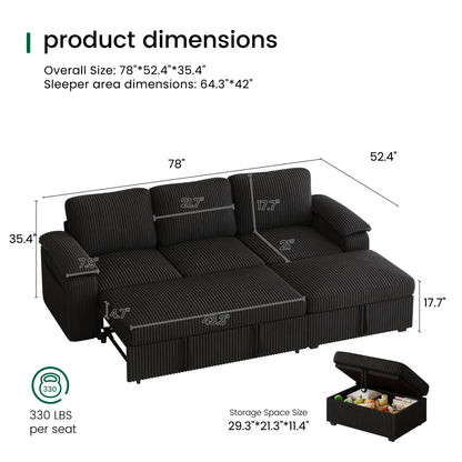 Nola Modular Corduroy Sleeper Sectional Sofa | 3 Seater |  L Shape Corner