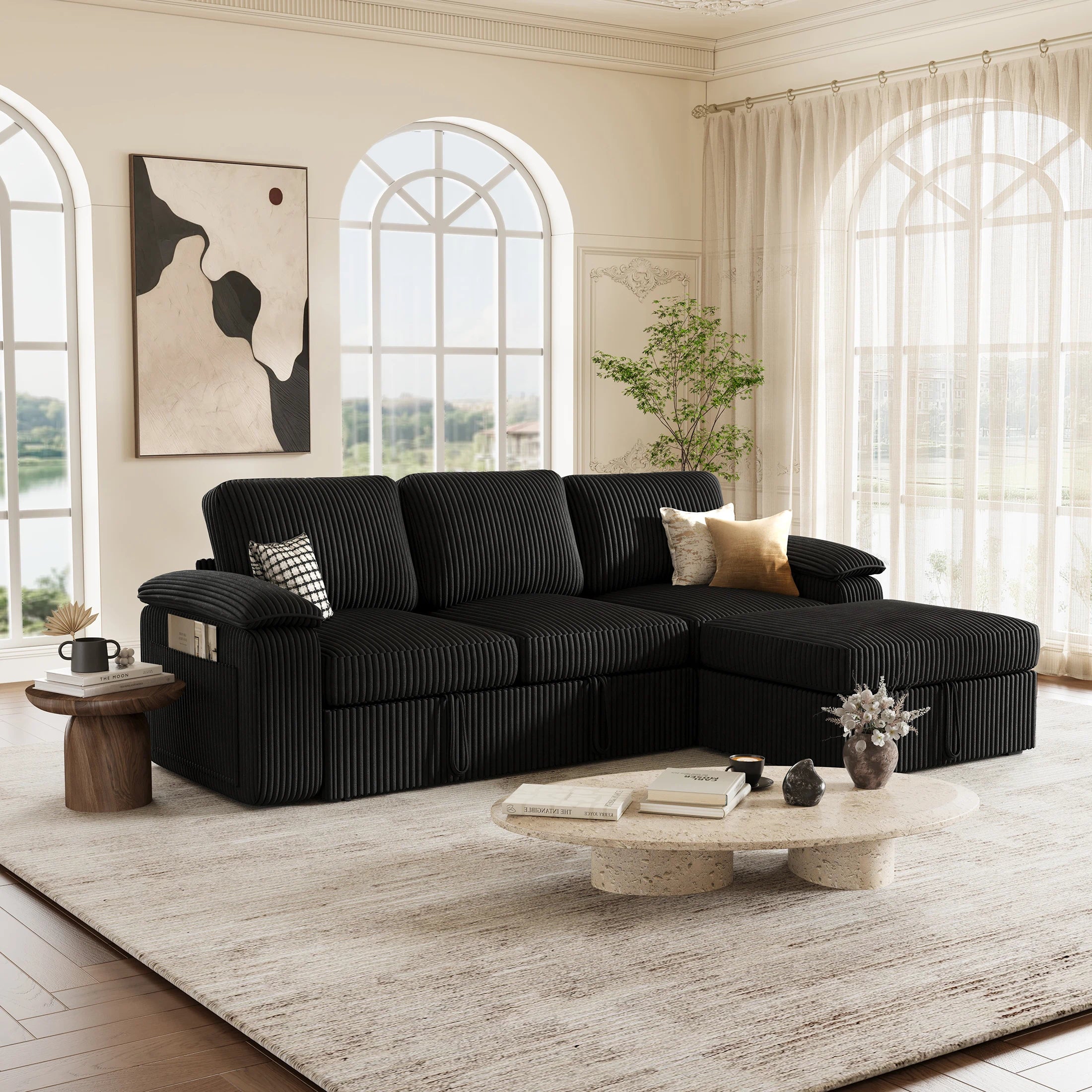 Nola Modular Corduroy Sleeper Sectional Sofa | 3 Seater |  L Shape Corner
