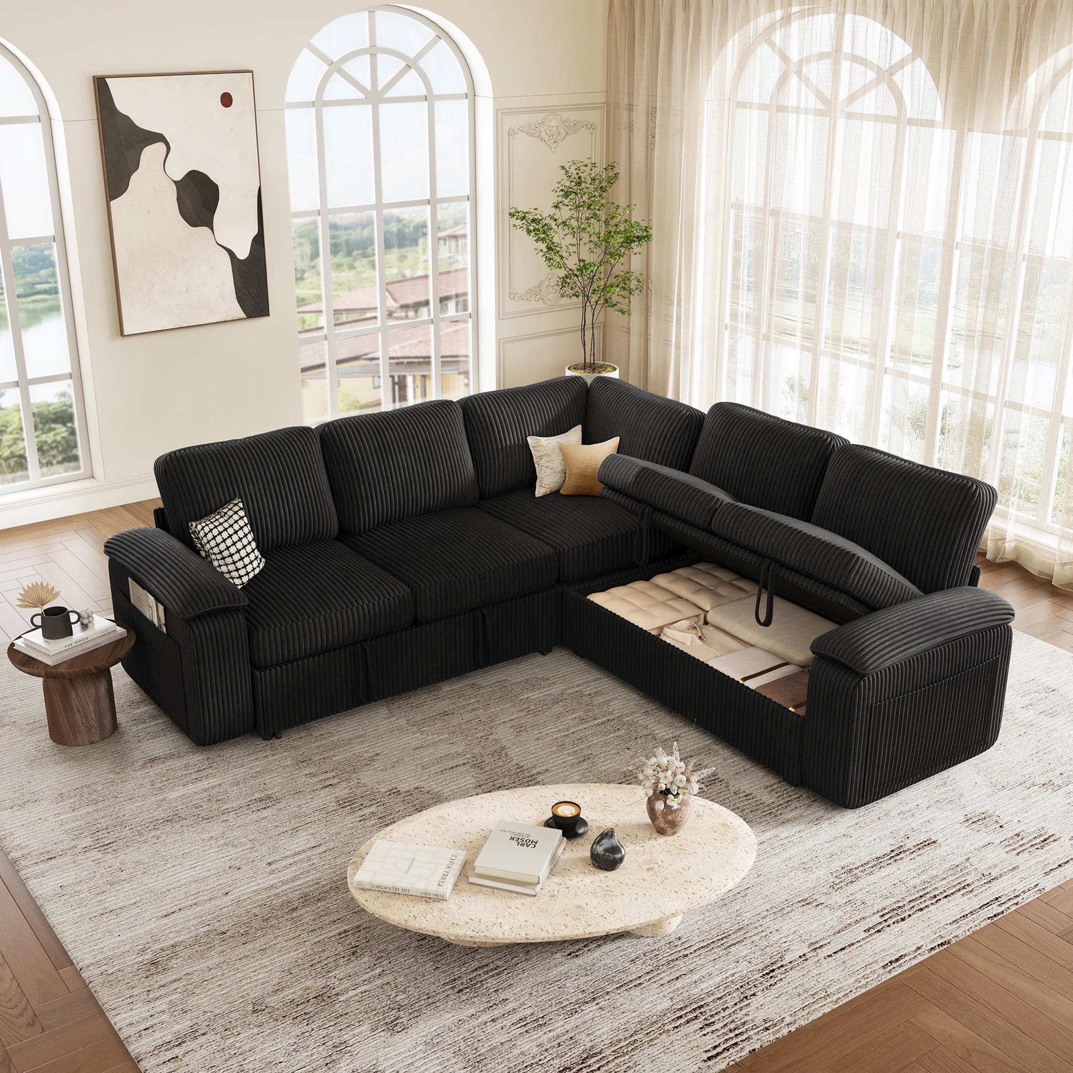 Nola Modular Corduroy Sleeper Sectional Sofa | 5 Seater |  L Shape Corner