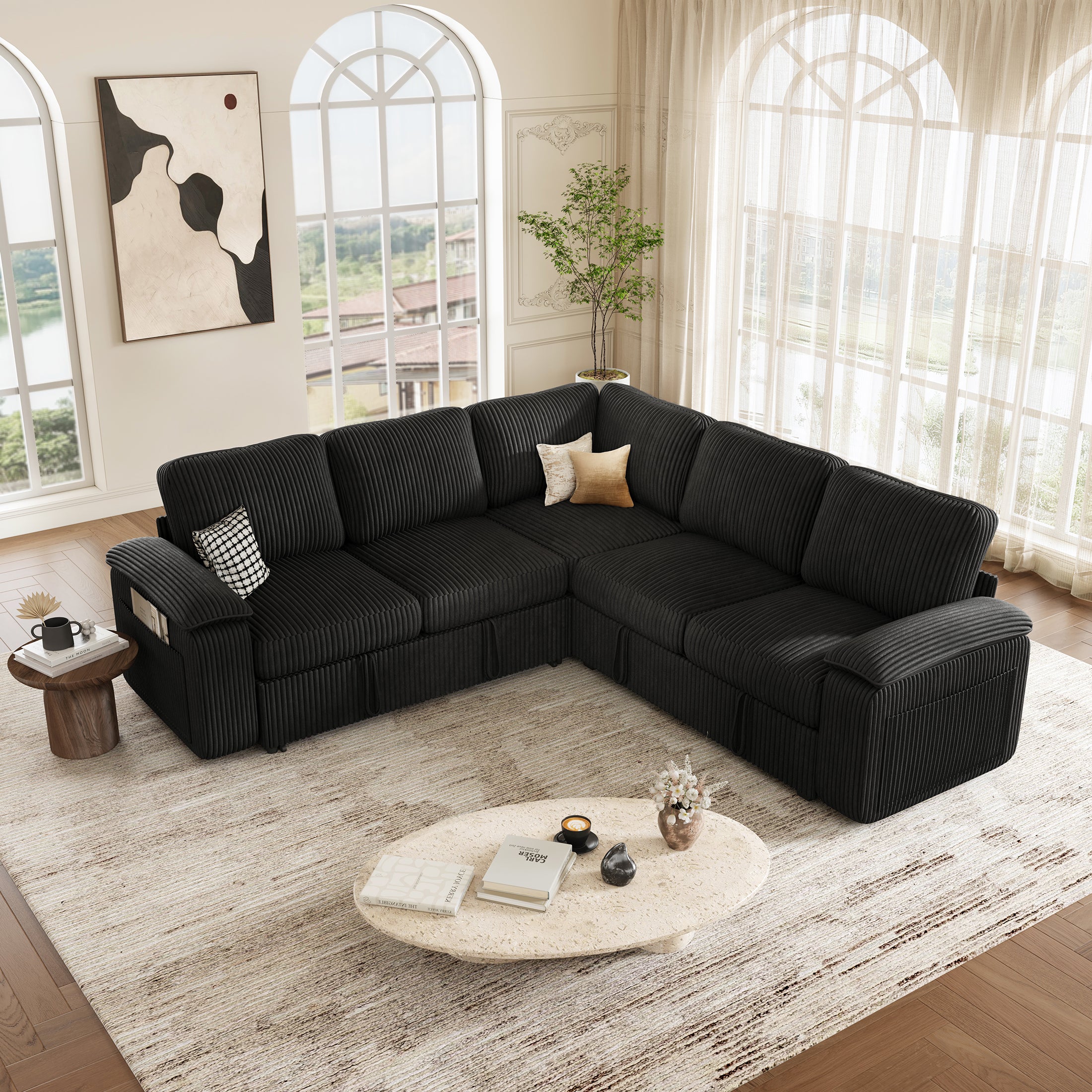 Nola Modular Corduroy Sleeper Sectional Sofa | 5 Seater |  L Shape Corner