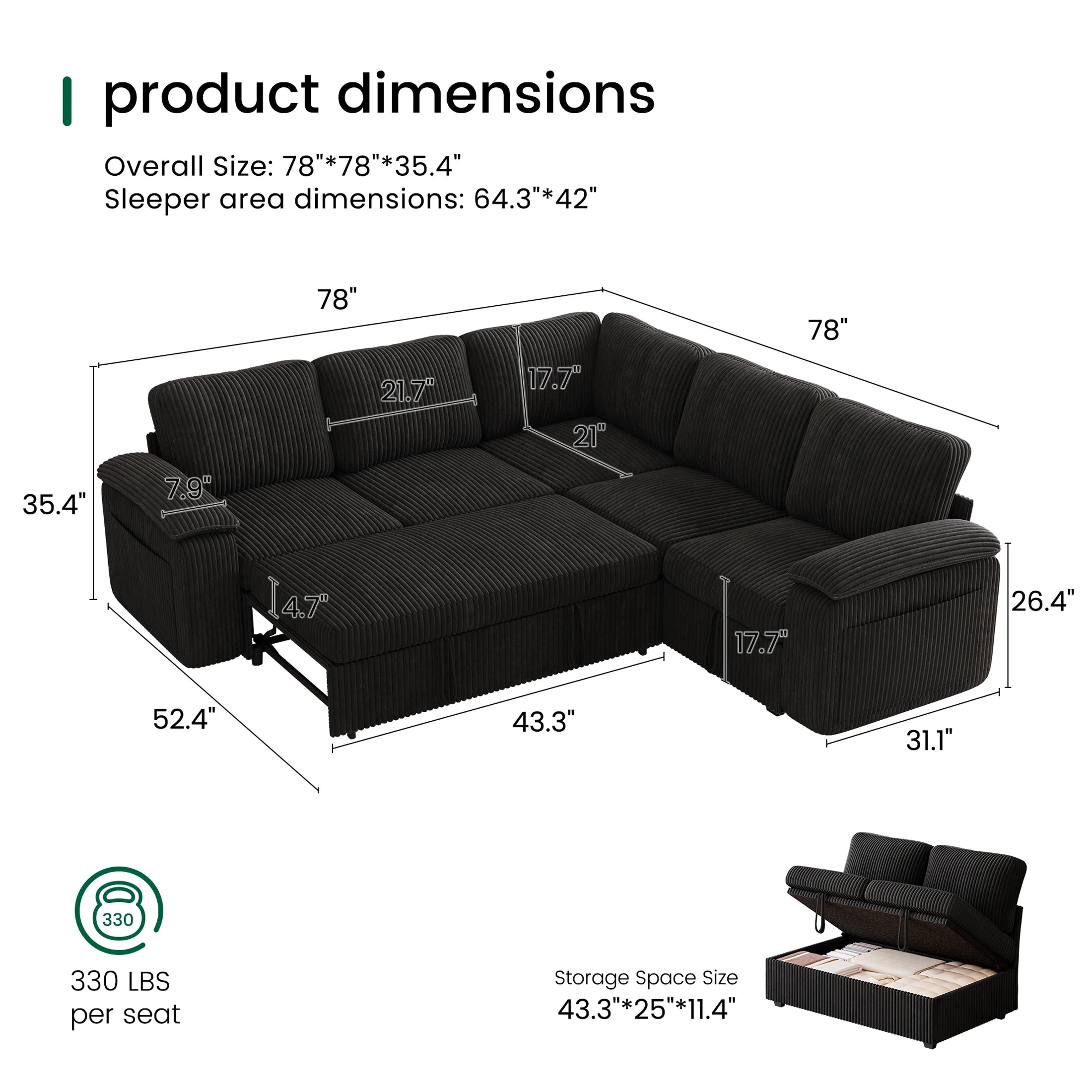 Nola Modular Corduroy Sleeper Sectional Sofa | 5 Seater |  L Shape Corner