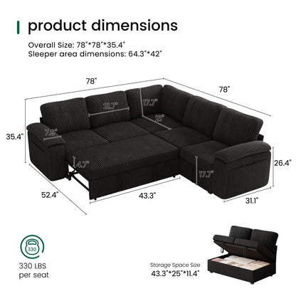 Nola Modular Corduroy Sleeper Sectional Sofa | 5 Seater |  L Shape Corner