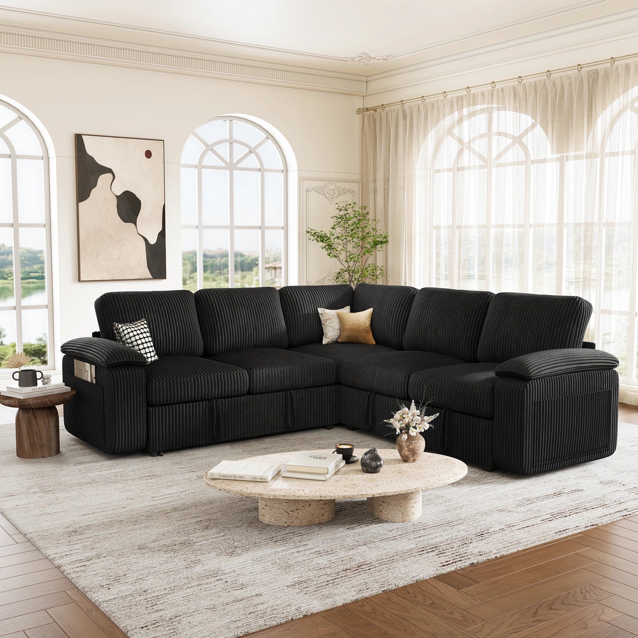 Nola Modular Corduroy Sleeper Sectional Sofa | 5 Seater |  L Shape Corner