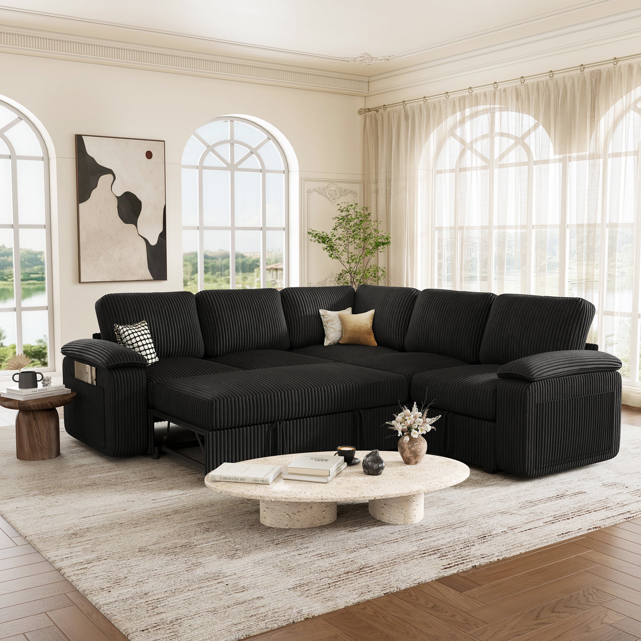 Nola Modular Corduroy Sleeper Sectional Sofa | 5 Seater |  L Shape Corner