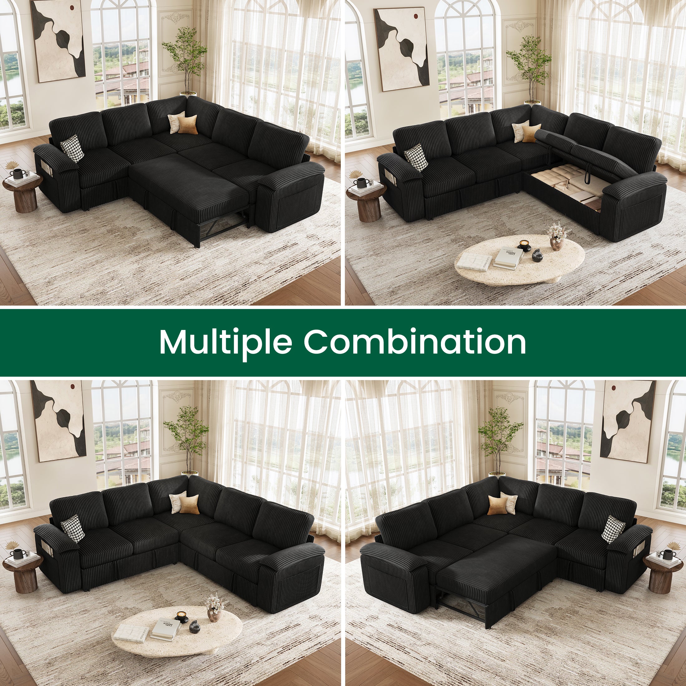 Nola Modular Corduroy Sleeper Sectional Sofa | 5 Seater |  L Shape Corner