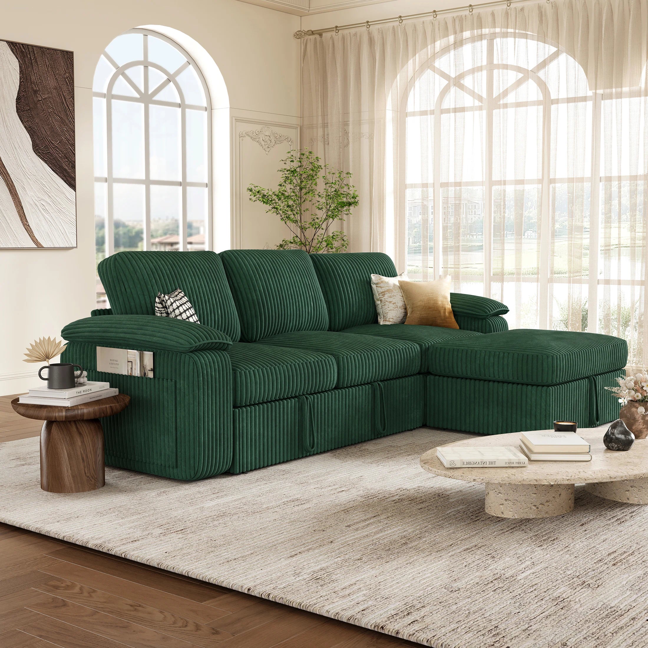 Nola Modular Corduroy Sleeper Sectional Sofa | 3 Seater |  L Shape Corner