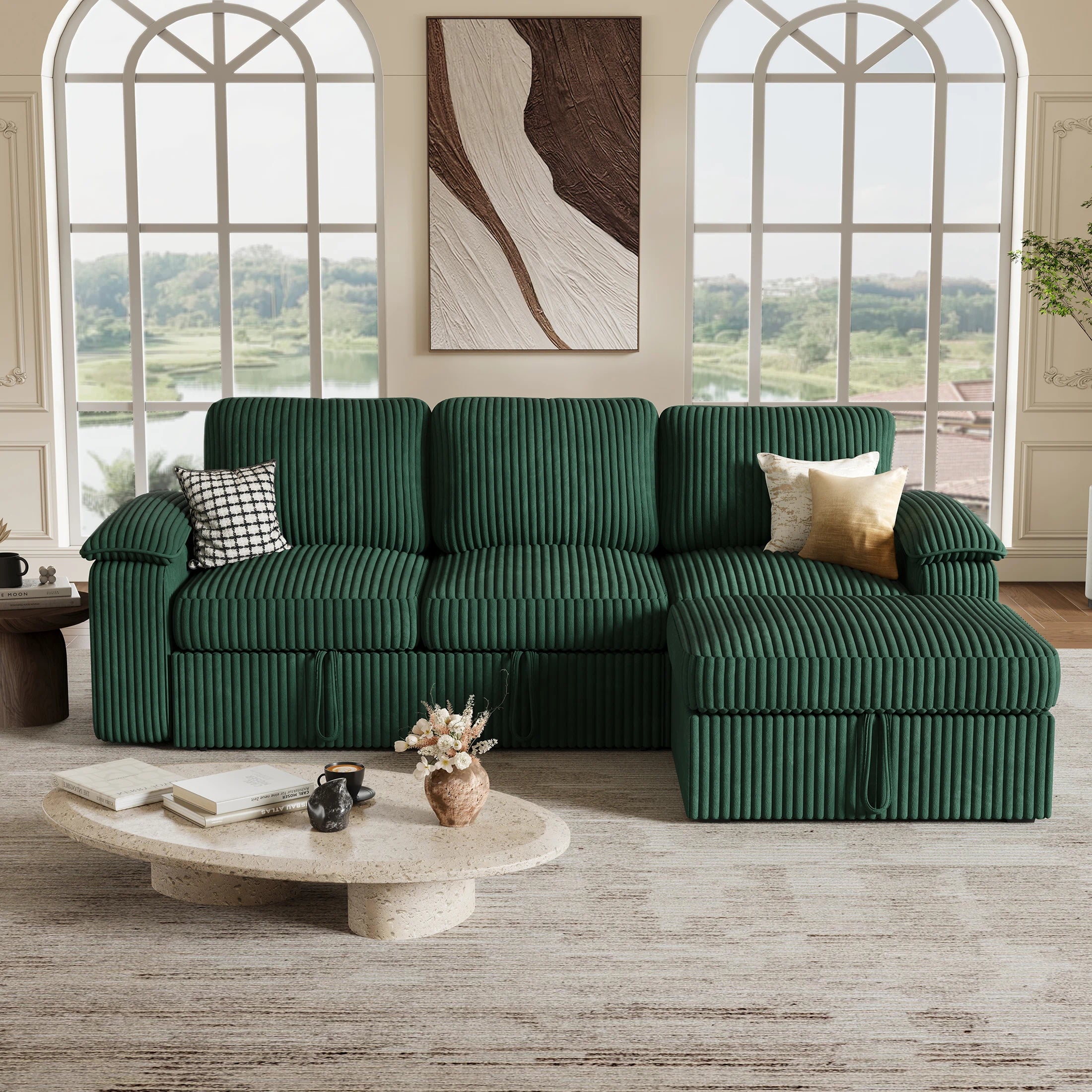 Nola Modular Corduroy Sleeper Sectional Sofa | 3 Seater |  L Shape Corner