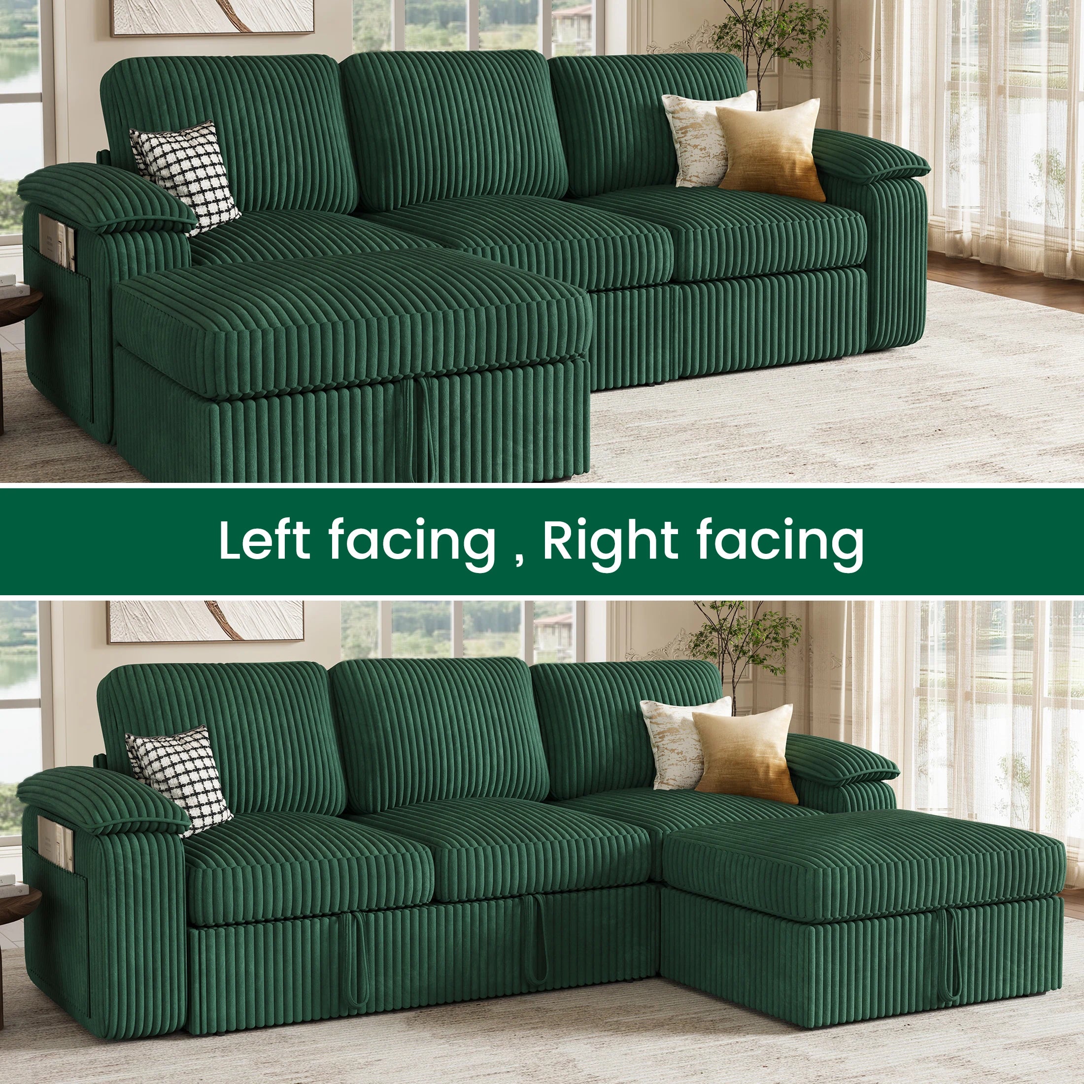 Nola Modular Corduroy Sleeper Sectional Sofa | 3 Seater |  L Shape Corner