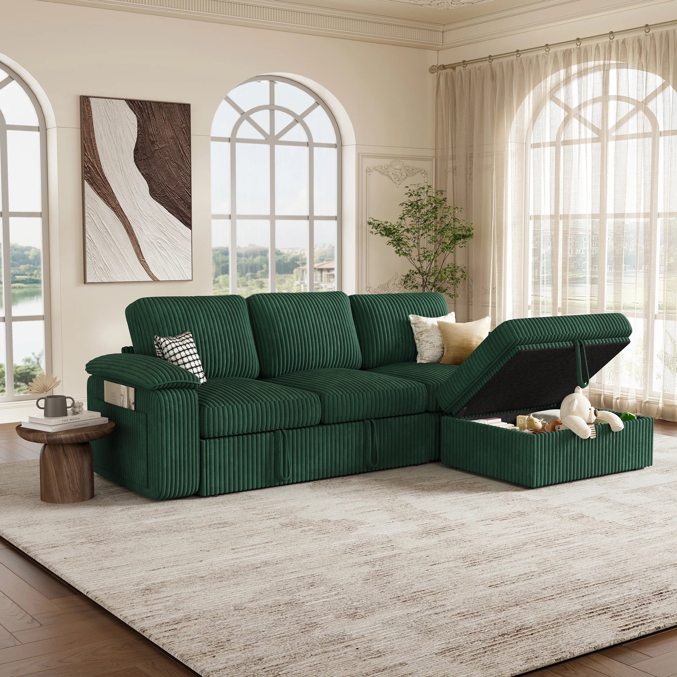 Nola Modular Corduroy Sleeper Sectional Sofa | 3 Seater |  L Shape Corner