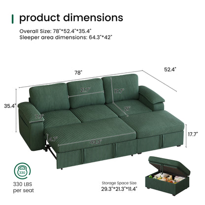 Nola Modular Corduroy Sleeper Sectional Sofa | 3 Seater |  L Shape Corner