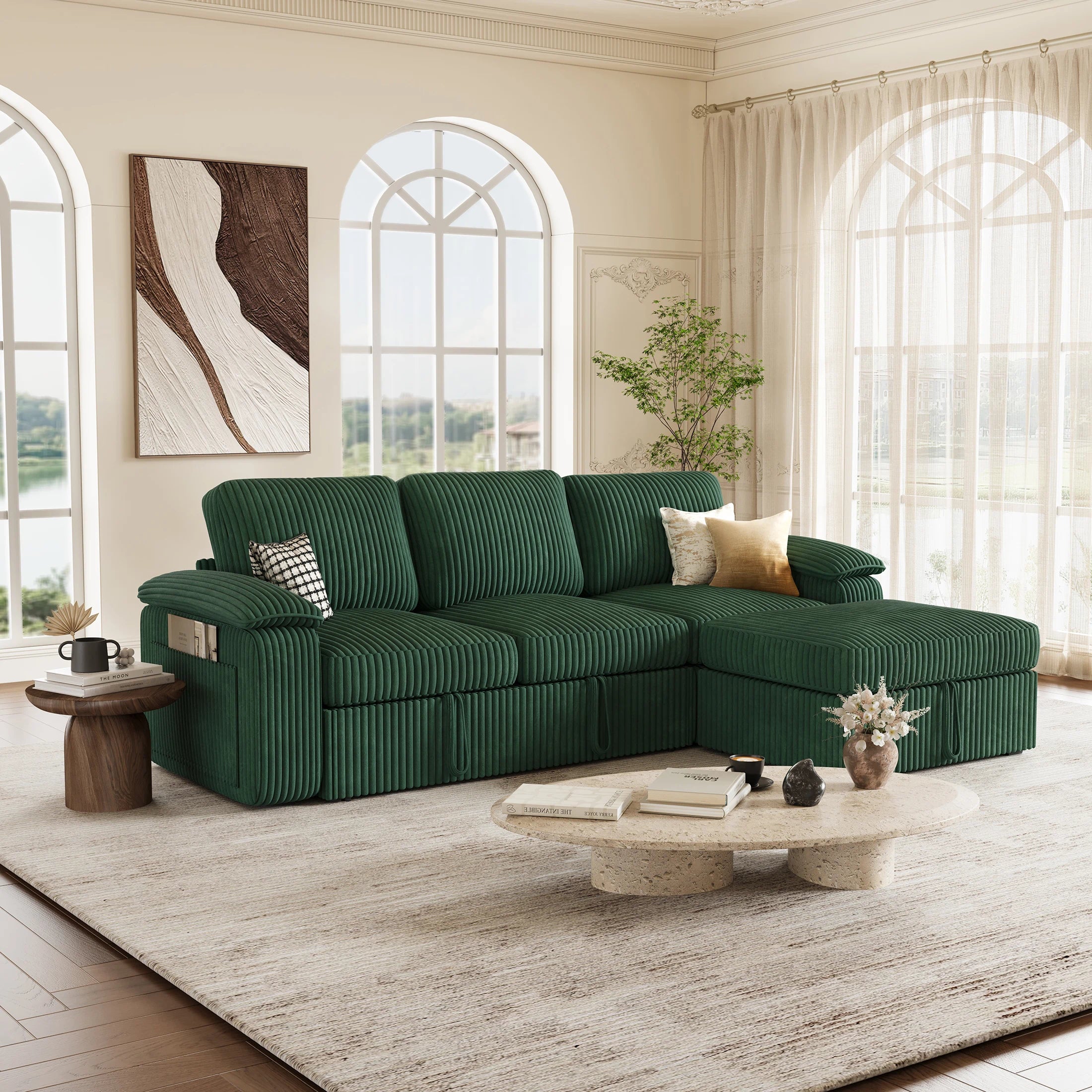 Nola Modular Corduroy Sleeper Sectional Sofa | 3 Seater |  L Shape Corner