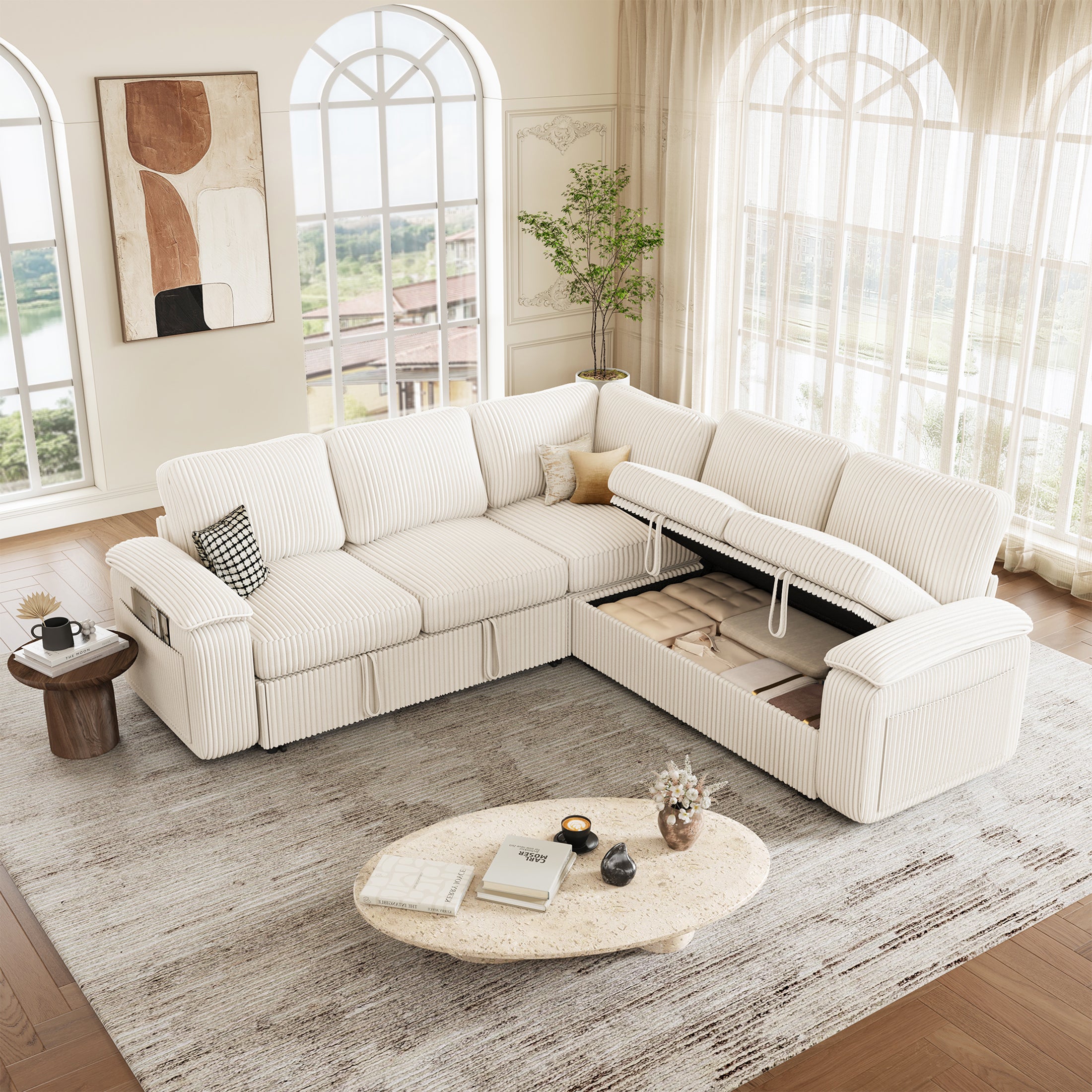 Nola Modular Corduroy Sleeper Sectional Sofa | 5 Seater |  L Shape Corner