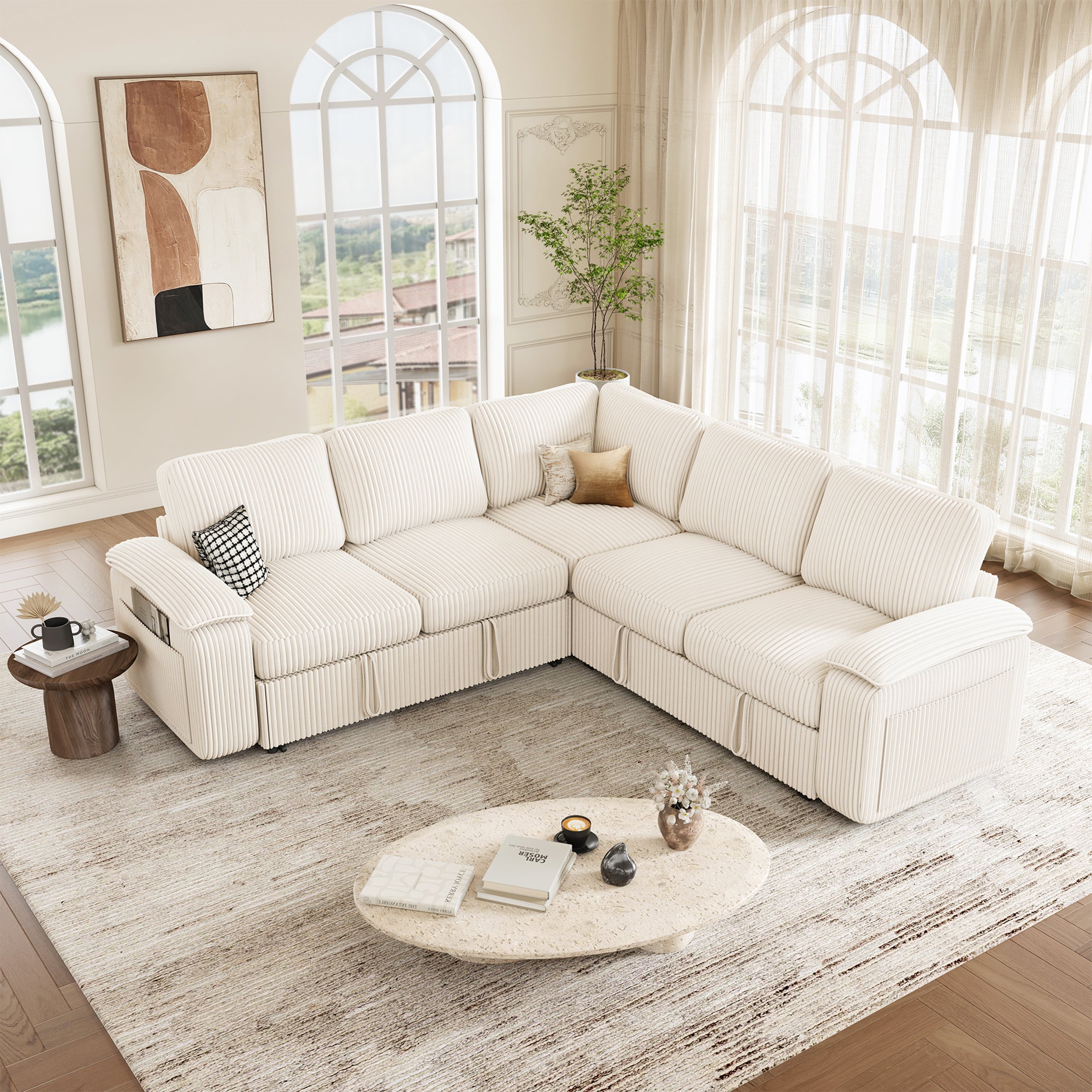 Nola Modular Corduroy Sleeper Sectional Sofa | 5 Seater |  L Shape Corner