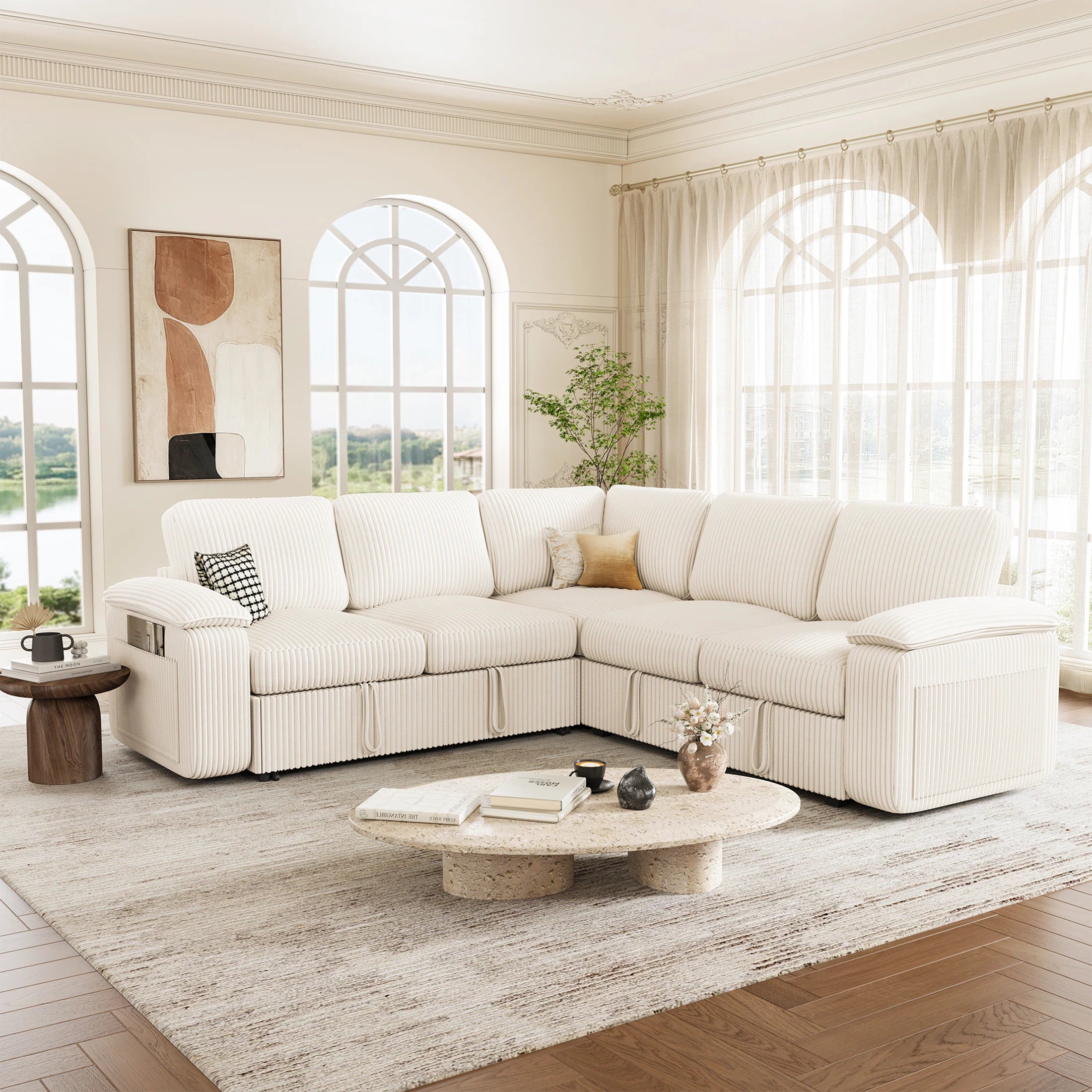 Nola Modular Corduroy Sleeper Sectional Sofa | 5 Seater |  L Shape Corner
