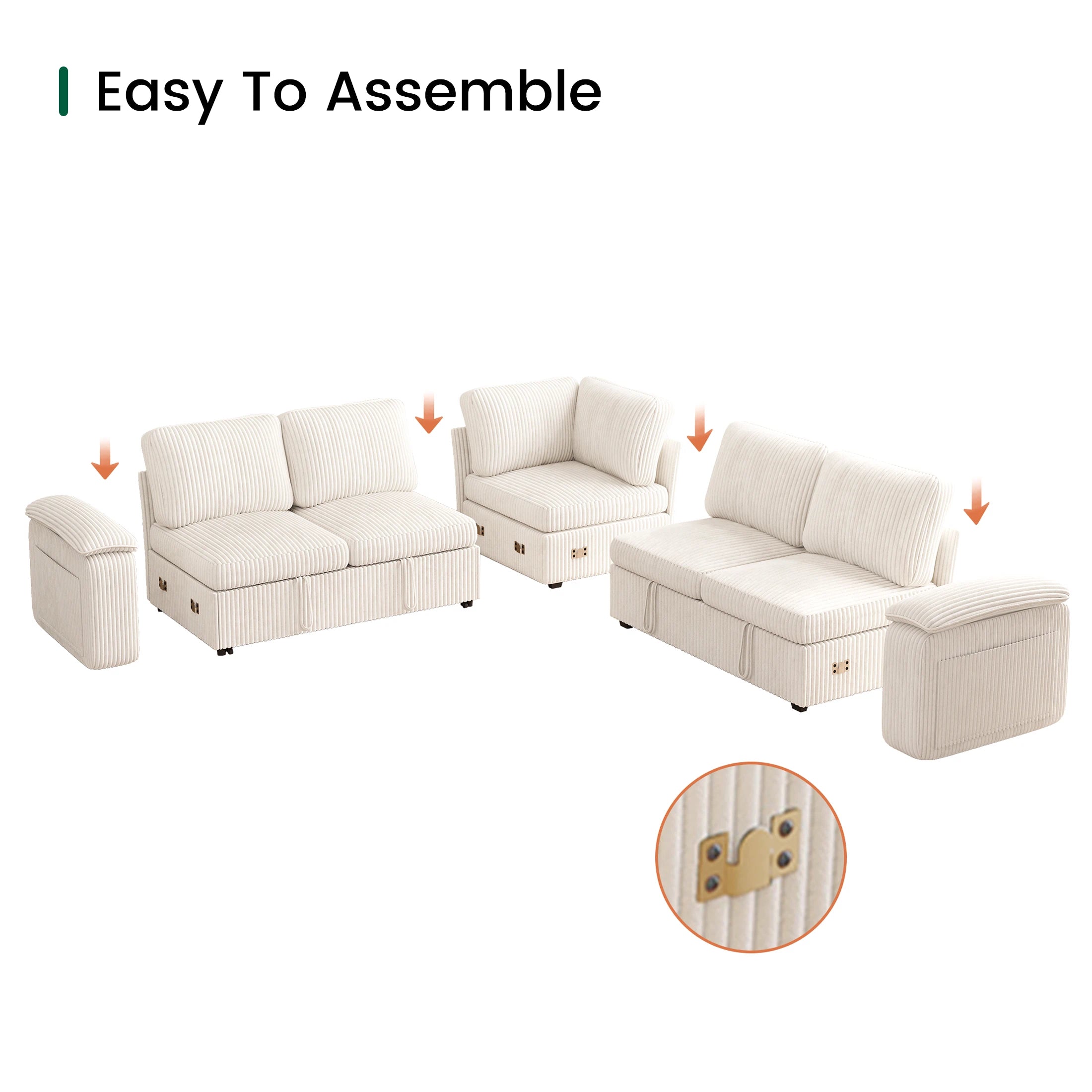 Nola Modular Corduroy Sleeper Sectional Sofa | 5 Seater |  L Shape Corner