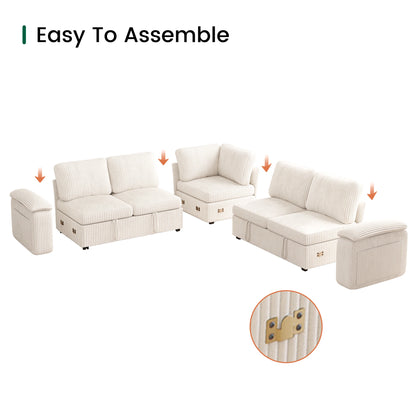 Nola Modular Corduroy Sleeper Sectional Sofa | 5 Seater |  L Shape Corner
