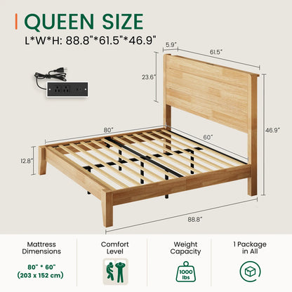 Sorel Japandi Solid Wood Platform Bed with Charging