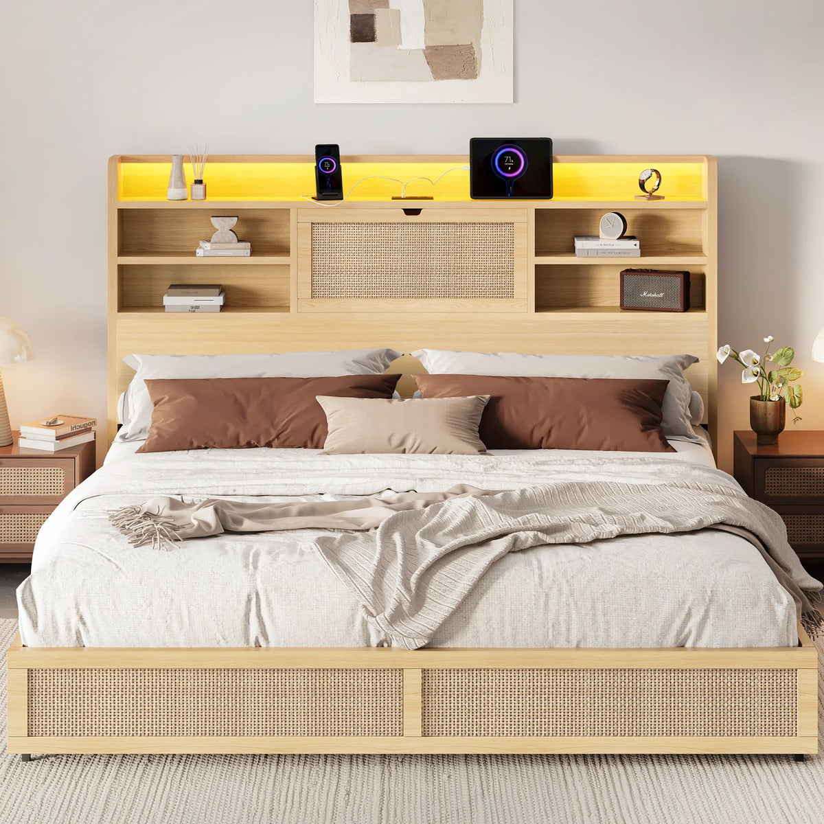 Boho Rattan Storage Bookcase Bed Frame