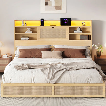 Boho Rattan Storage Bookcase Bed Frame