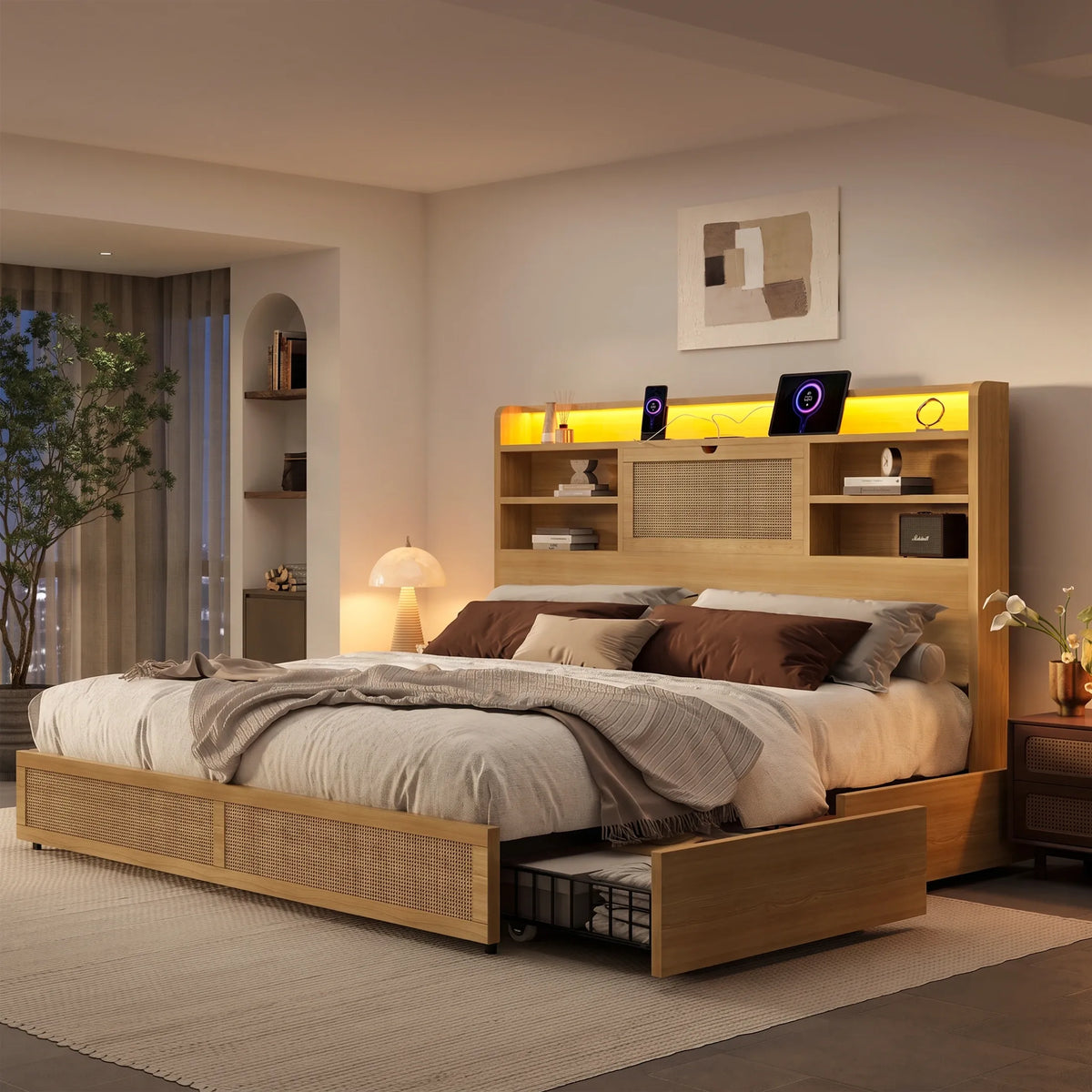 Boho Rattan Storage Bookcase Bed Frame