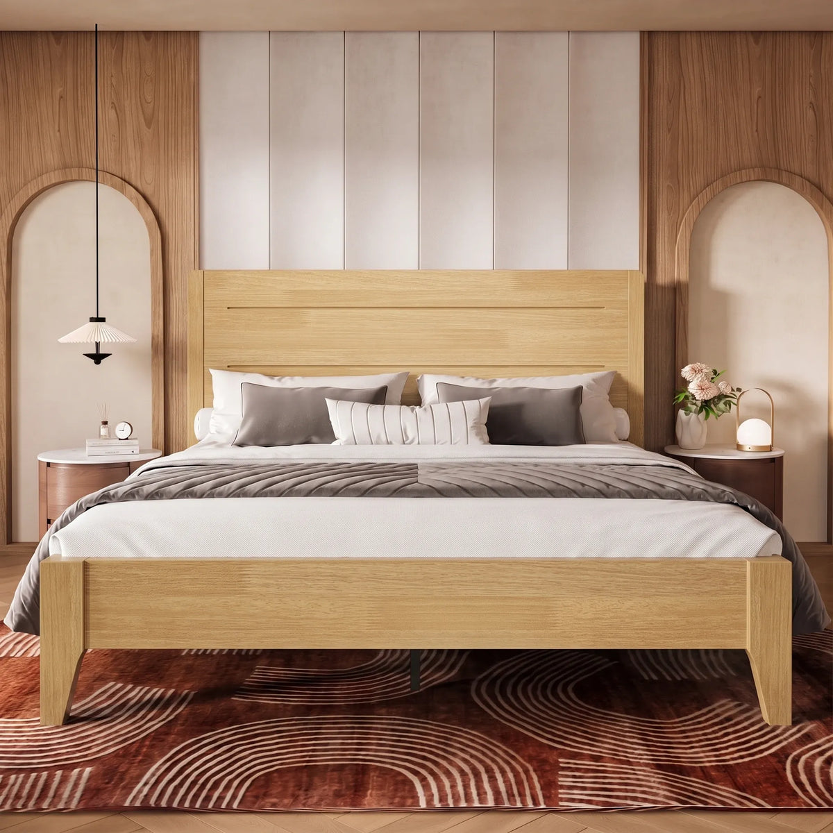 Sorel Japandi Solid Wood Platform Bed with Charging