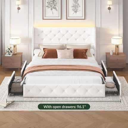Koral Queen Size Upholstered Bed Frame with Storage Drawers,Tufted Wingback Headboard,Led Lights