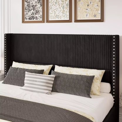 Elysia Corduroy Upholstered Platform Bed Frame with Nailhead Wingback