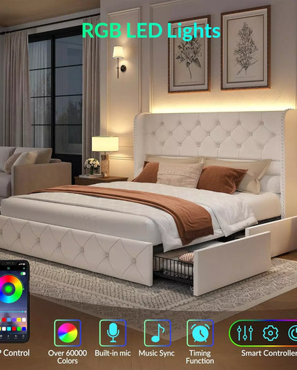 larmace white Upholstered queen bed frame with led lights on headboard, and 4 storage drawers,velvet fabric 