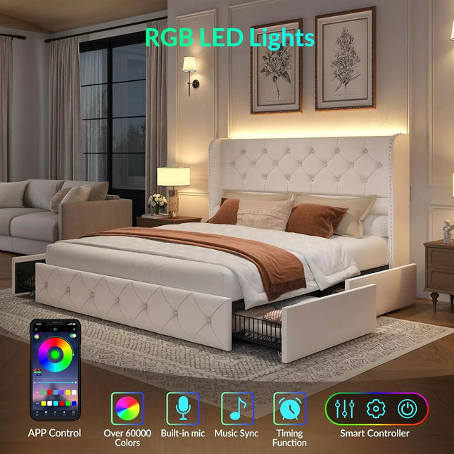 larmace white Upholstered queen bed frame with led lights on headboard, and 4 storage drawers,velvet fabric 