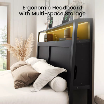 ShelfLit Bookcase Bed Frame with Hidden Headboard storage Shelvs,LED Lights & USB-C,2 Drawers