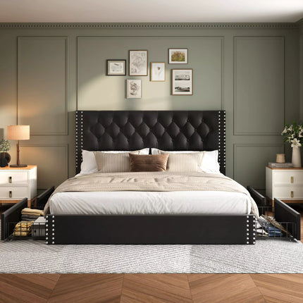 Veva Velvet Upholstered Bed Frame with Storage, 4 Drawers