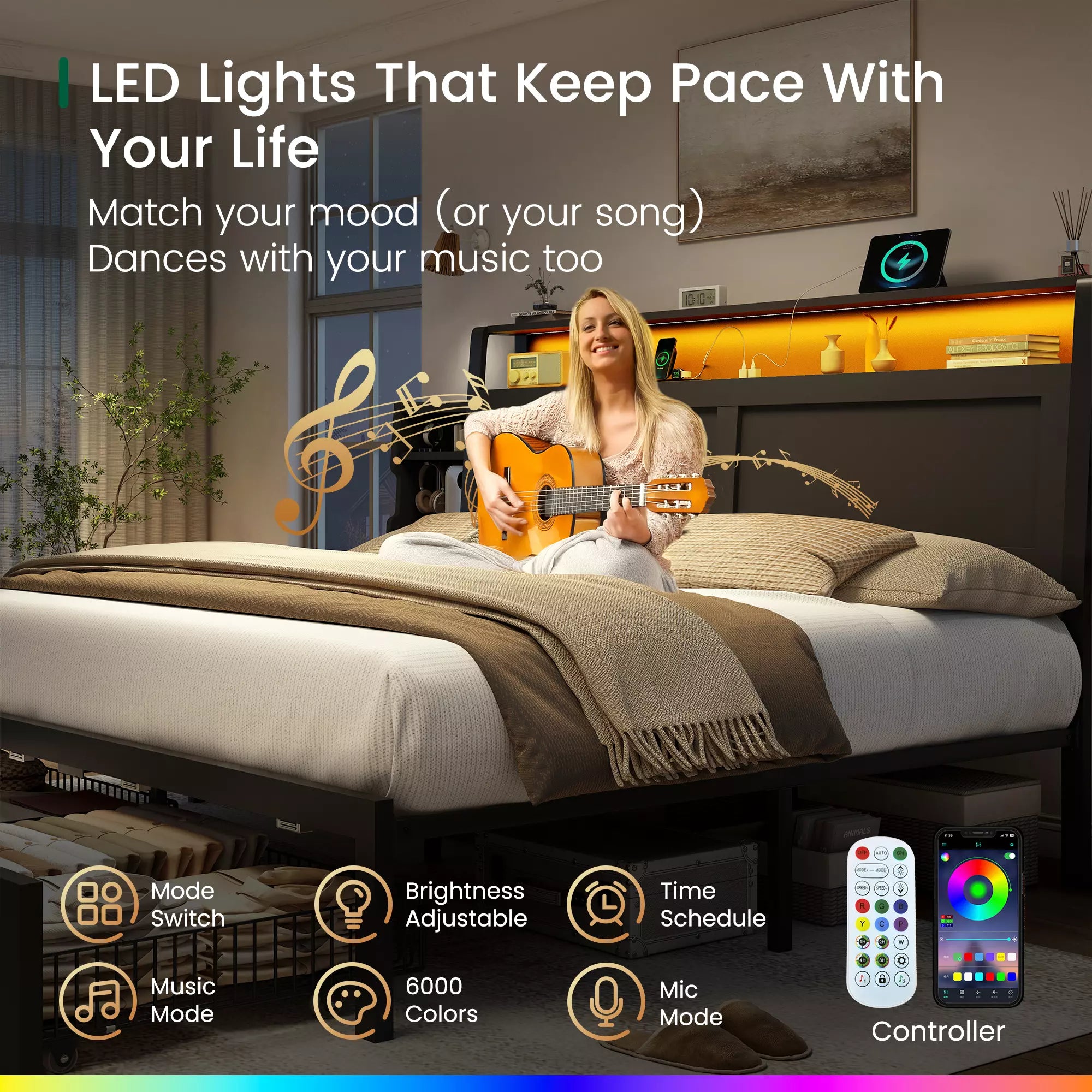 ShelfLit Bookcase Bed Frame with Hidden Headboard storage Shelvs,LED Lights & USB-C,2 Drawers