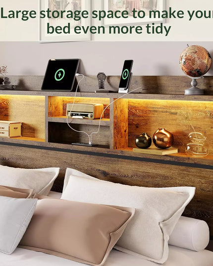 Strato Wood Bed Frame Storage Headboard with Charging Station and 6 Drawers