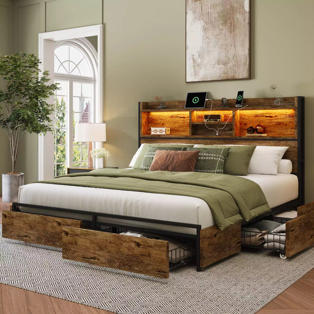 Strato Wood Bed Frame Storage Headboard with Charging Station and 6 Drawers