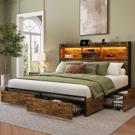 Strato Wood Bed Frame Storage Headboard with Charging Station and 6 Drawers