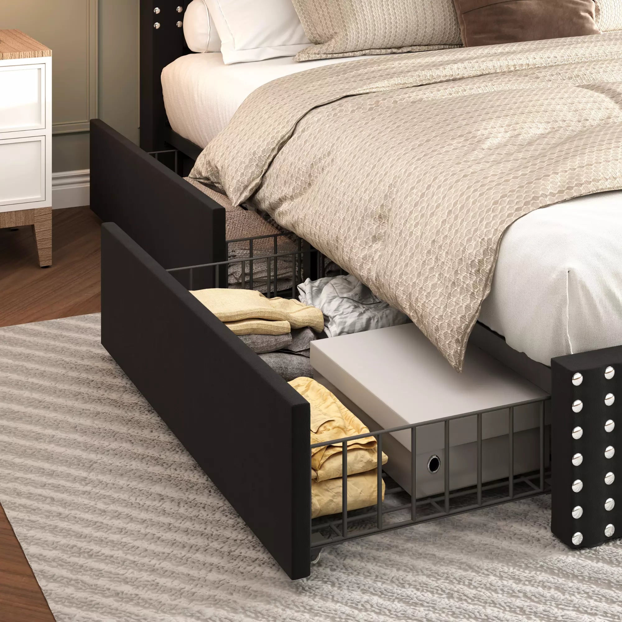 Veva Velvet Upholstered Bed Frame with Storage, 4 Drawers